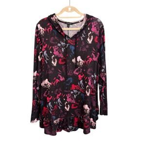 Lane Bryant Hooded Womens 18/20 Black Floral Print Drawcord Long Sleeve Pullover
